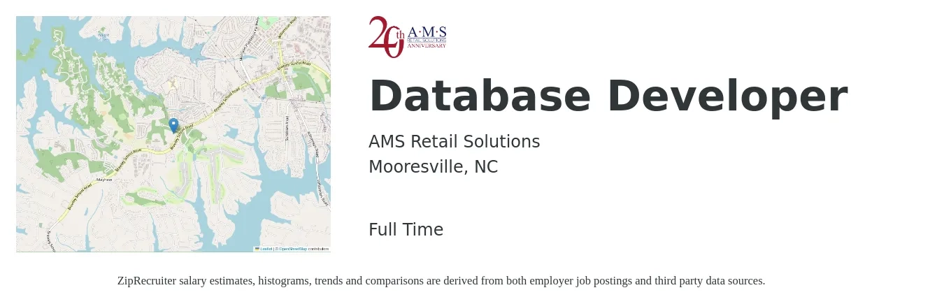 AMS Retail Solutions job posting for a Database Developer in Mooresville, NC with a salary of $43 to $59 Hourly with a map of Mooresville location.