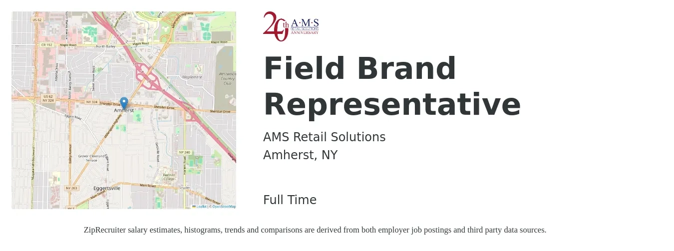AMS Retail Solutions job posting for a Field Brand Representative in Amherst, NY with a salary of $18 to $28 Hourly with a map of Amherst location.