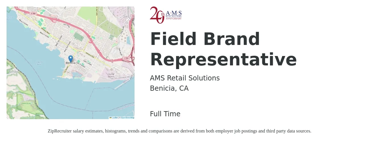 AMS Retail Solutions job posting for a Field Brand Representative in Benicia, CA with a salary of $23 to $35 Hourly with a map of Benicia location.