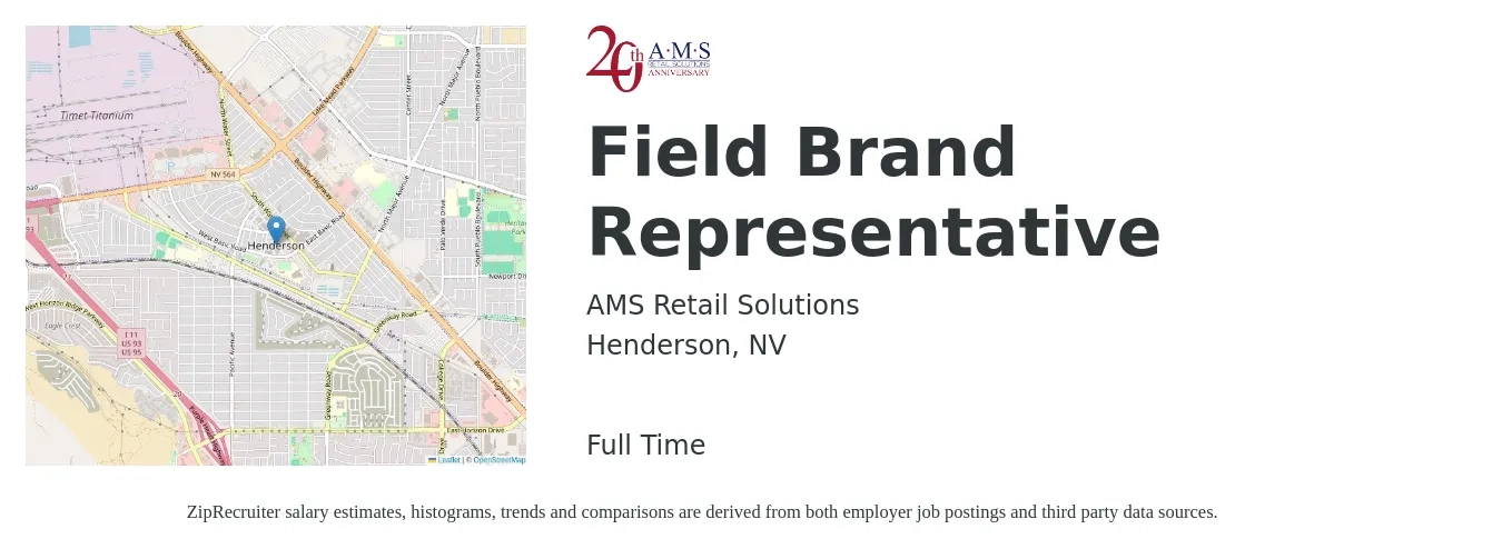 AMS Retail Solutions job posting for a Field Brand Representative in Henderson, NV with a salary of $19 to $28 Hourly with a map of Henderson location.