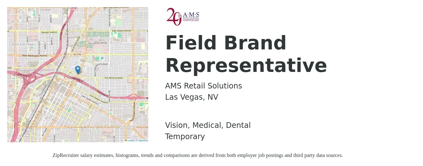 AMS Retail Solutions job posting for a Field Brand Representative in Las Vegas, NV with a salary of $15 to $30 Hourly and benefits including vision, dental, life_insurance, medical, and retirement with a map of Las Vegas location.