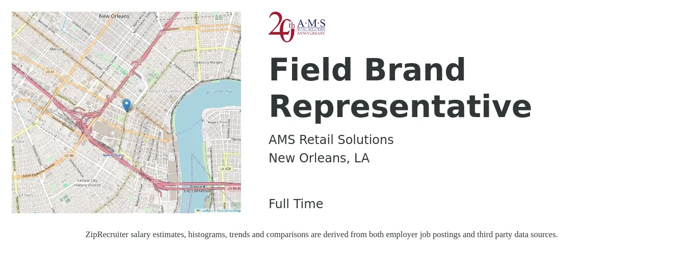 AMS Retail Solutions job posting for a Field Brand Representative in New Orleans, LA with a salary of $15 to $30 Hourly with a map of New Orleans location.