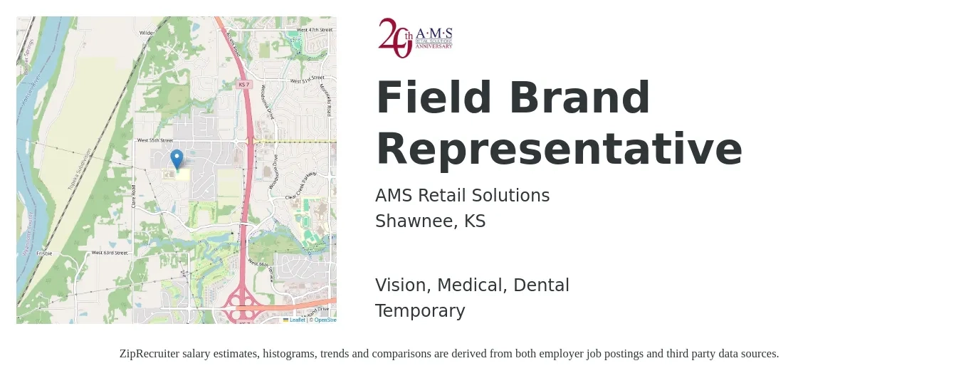 AMS Retail Solutions job posting for a Field Brand Representative in Shawnee, KS with a salary of $19 to $28 Hourly and benefits including life_insurance, medical, pto, retirement, vision, and dental with a map of Shawnee location.
