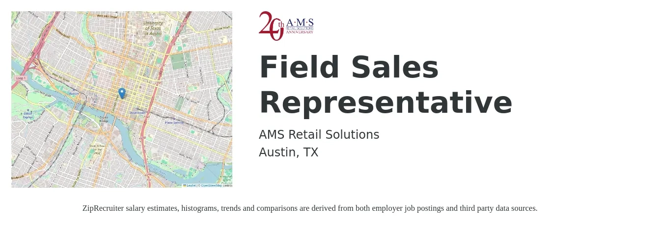 AMS Retail Solutions job posting for a Field Sales Representative in Austin, TX with a salary of $20 to $27 Hourly with a map of Austin location.