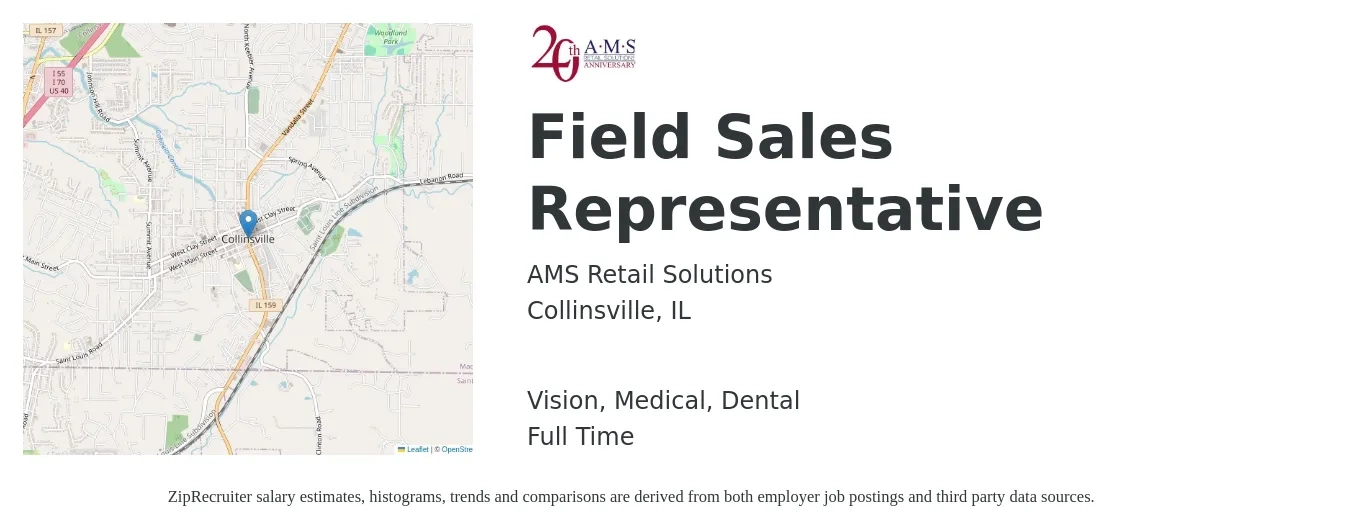 AMS Retail Solutions job posting for a Field Sales Representative in Collinsville, IL with a salary of $18 to $26 Hourly and benefits including dental, life_insurance, medical, pto, retirement, and vision with a map of Collinsville location.