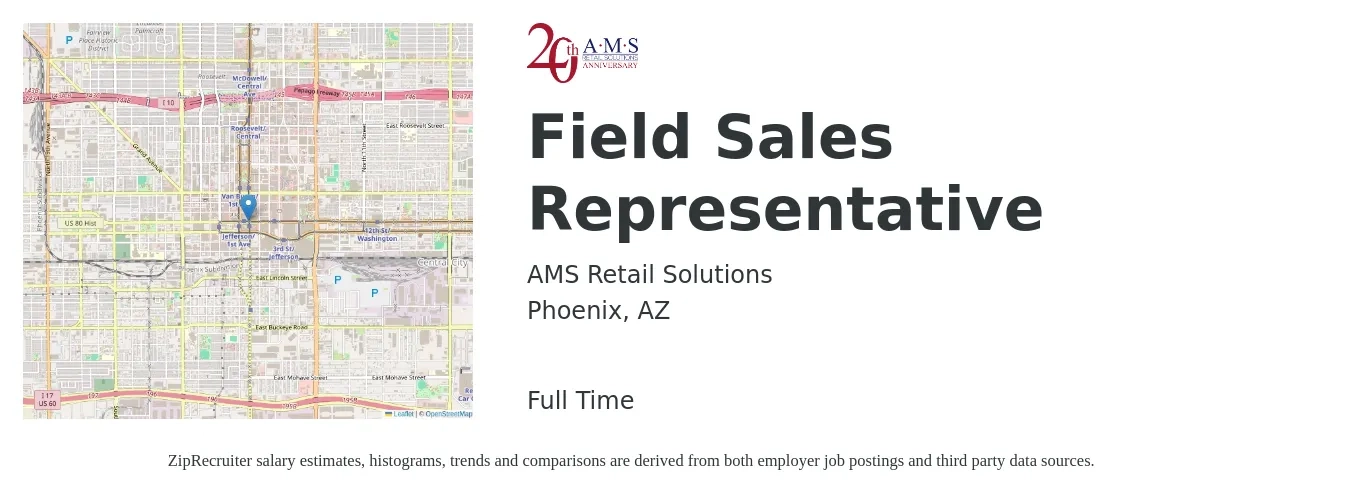 AMS Retail Solutions job posting for a Field Sales Representative in Phoenix, AZ with a salary of $20 to $27 Hourly with a map of Phoenix location.