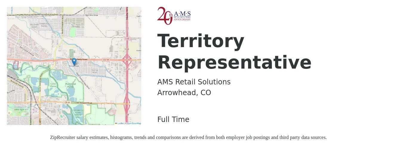 AMS Retail Solutions job posting for a Territory Representative in Arrowhead, CO with a salary of $38,700 to $58,100 Yearly with a map of Arrowhead location.
