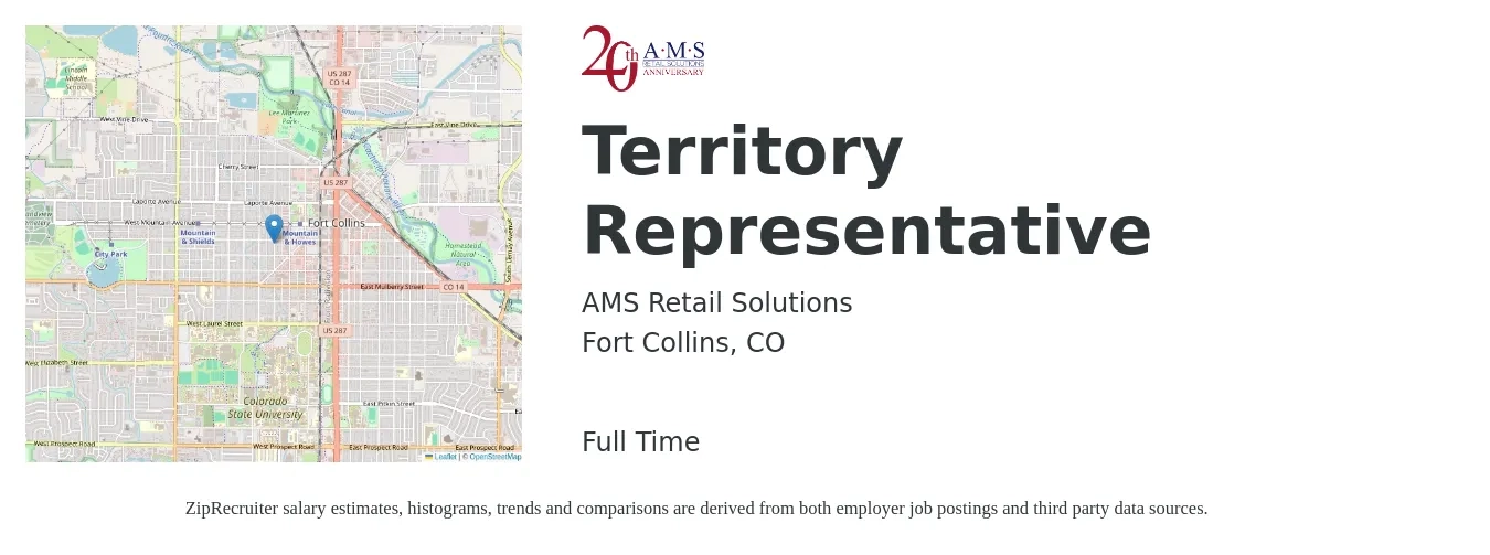 AMS Retail Solutions job posting for a Territory Representative in Fort Collins, CO with a salary of $39,600 to $59,400 Yearly with a map of Fort Collins location.