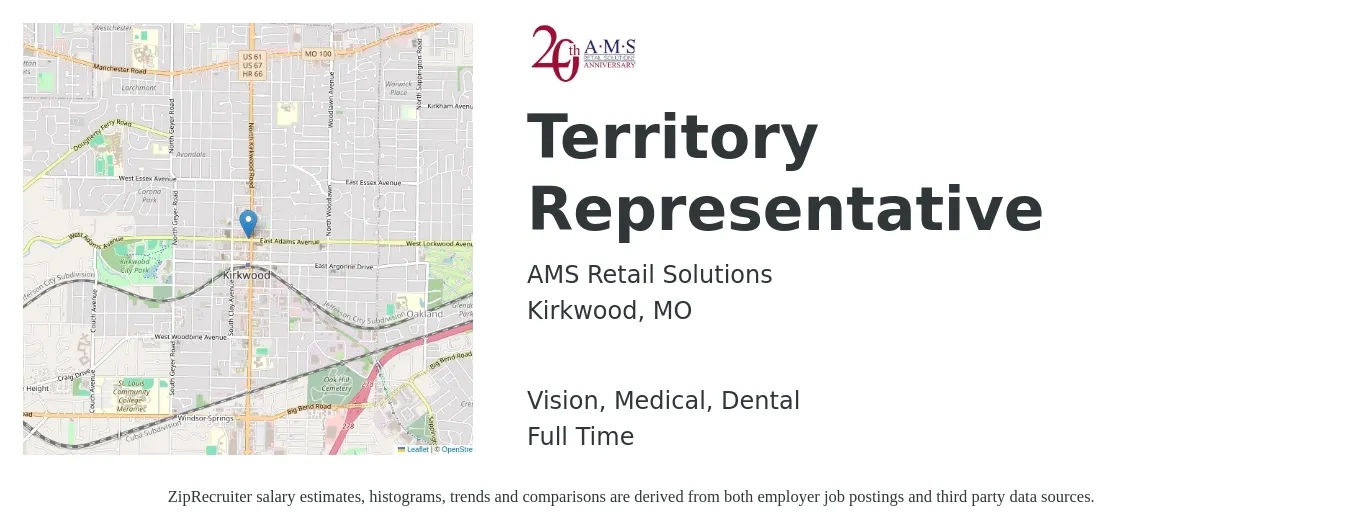AMS Retail Solutions job posting for a Territory Representative in Kirkwood, MO with a salary of $38,100 to $57,200 Yearly and benefits including pto, retirement, vision, dental, life_insurance, and medical with a map of Kirkwood location.