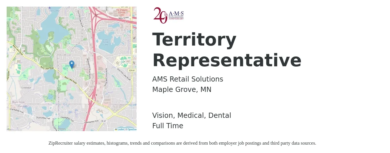 AMS Retail Solutions job posting for a Territory Representative in Maple Grove, MN with a salary of $41,000 to $61,400 Yearly and benefits including dental, life_insurance, medical, pto, retirement, and vision with a map of Maple Grove location.