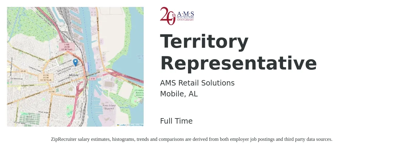 AMS Retail Solutions job posting for a Territory Representative in Mobile, AL with a salary of $39,700 to $59,500 Yearly with a map of Mobile location.