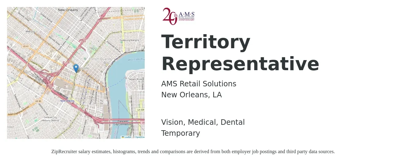 AMS Retail Solutions job posting for a Territory Representative in New Orleans, LA with a salary of $38,400 to $57,600 Yearly and benefits including medical, retirement, vision, dental, and life_insurance with a map of New Orleans location.