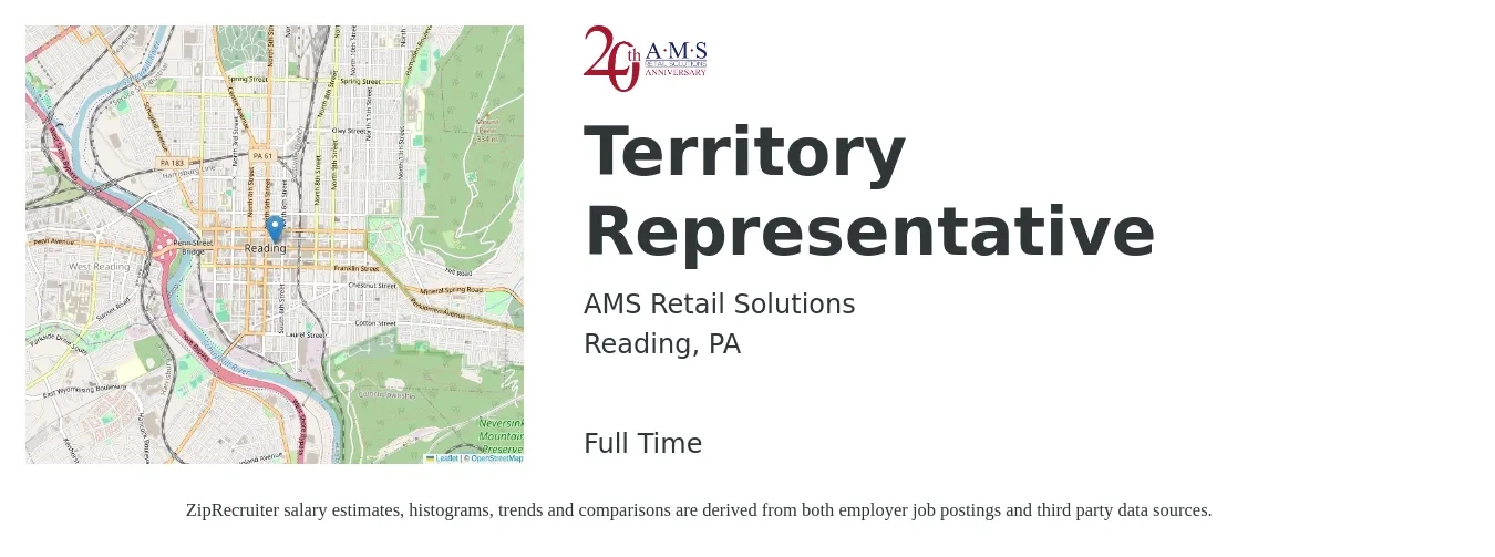 AMS Retail Solutions job posting for a Territory Representative in Reading, PA with a salary of $38,400 to $57,600 Yearly with a map of Reading location.