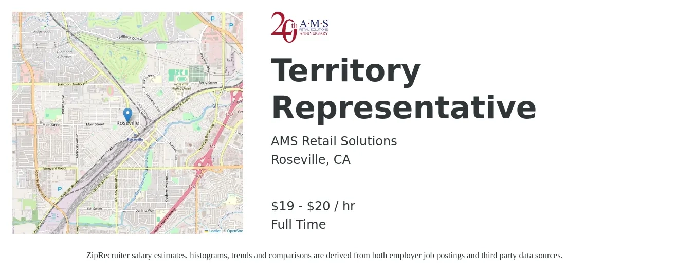 AMS Retail Solutions job posting for a Territory Representative in Roseville, CA with a salary of $20 to $22 Hourly with a map of Roseville location.
