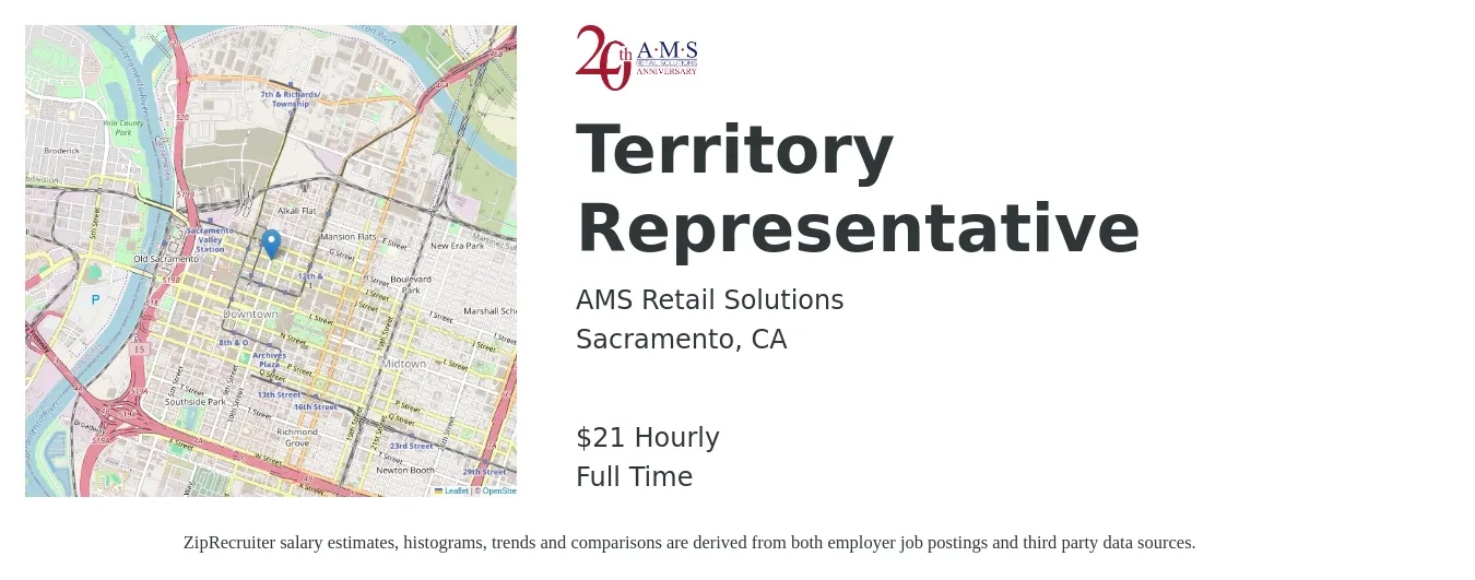AMS Retail Solutions job posting for a Territory Representative in Sacramento, CA with a salary of $22 Hourly with a map of Sacramento location.