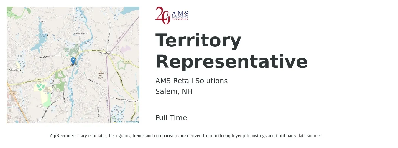AMS Retail Solutions job posting for a Territory Representative in Salem, NH with a salary of $39,900 to $59,900 Yearly with a map of Salem location.