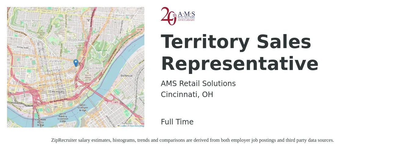 AMS Retail Solutions job posting for a Territory Sales Representative in Cincinnati, OH with a salary of $48,000 to $79,600 Yearly and benefits including pto, retirement, vision, dental, life_insurance, and medical with a map of Cincinnati location.