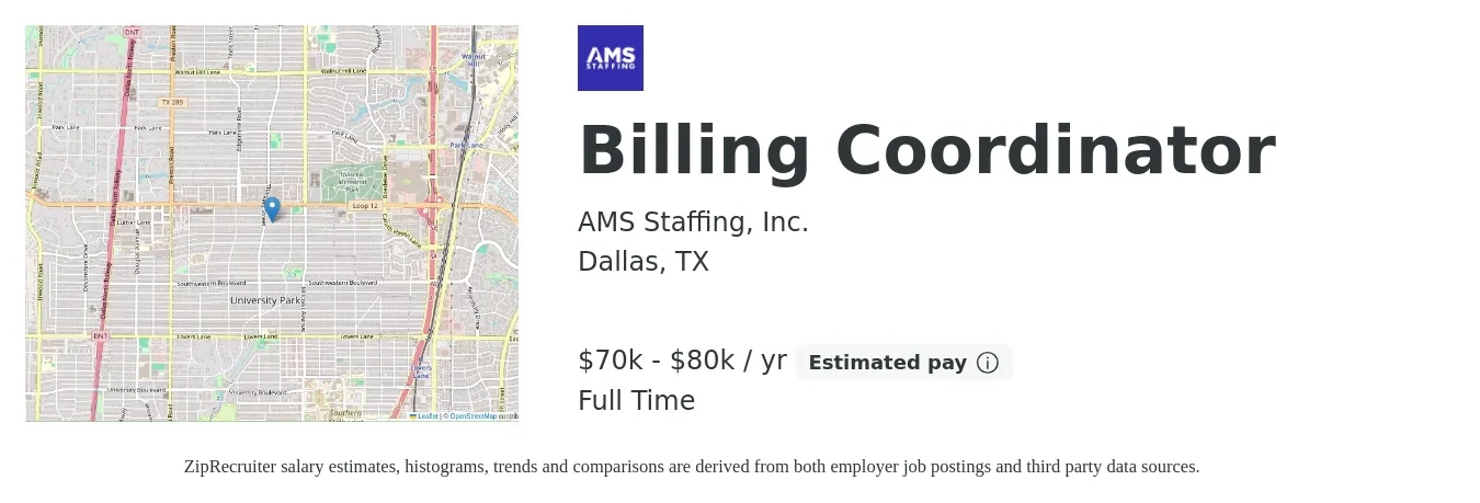 AMS Staffing, Inc. job posting for a Billing Coordinator in Dallas, TX with a salary of $70,000 to $80,000 Yearly with a map of Dallas location.