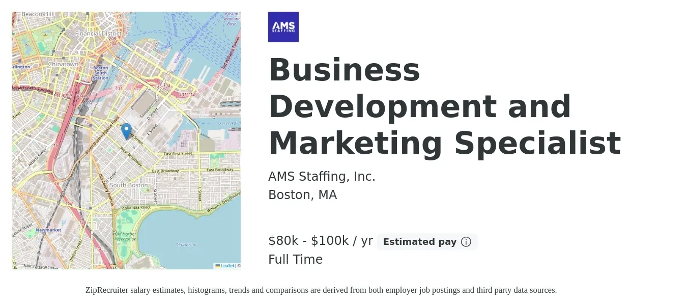 AMS Staffing, Inc. job posting for a Business Development and Marketing Specialist in Boston, MA with a salary of $80,000 to $100,000 Yearly with a map of Boston location.