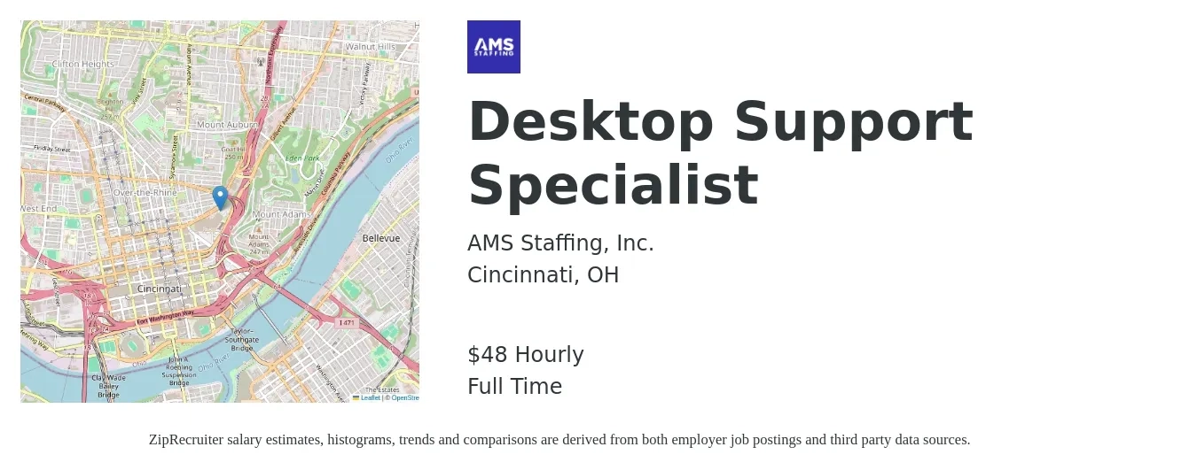 AMS Staffing, Inc. job posting for a Desktop Support Specialist in Cincinnati, OH with a salary of $50 Hourly with a map of Cincinnati location.