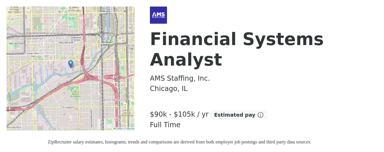 AMS Staffing, Inc. job posting for a Financial Systems Analyst in Chicago, IL with a salary of $90,000 to $105,000 Yearly with a map of Chicago location.
