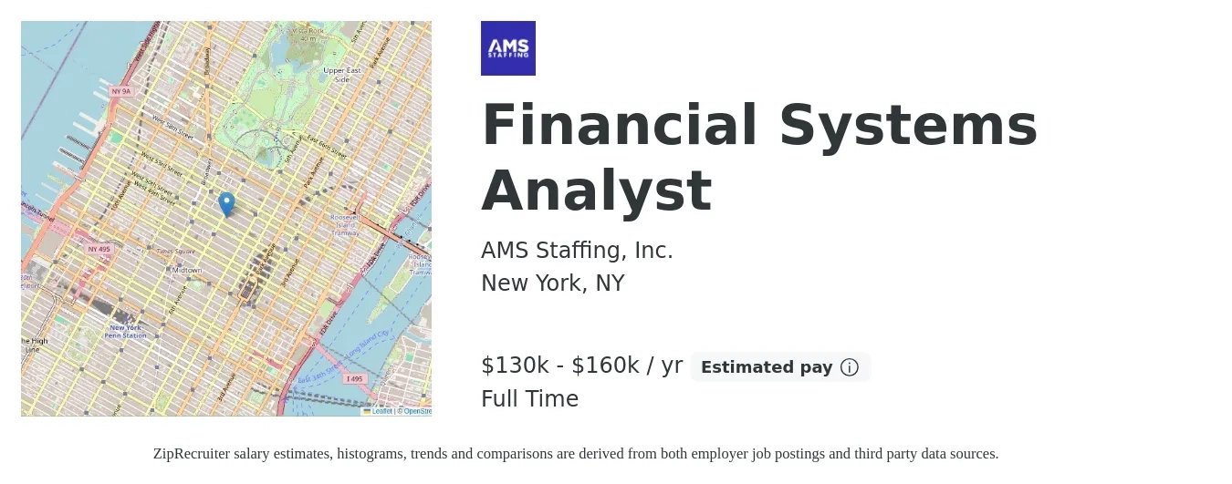 AMS Staffing, Inc. job posting for a Financial Systems Analyst in New York, NY with a salary of $130,000 to $150,000 Yearly with a map of New York location.