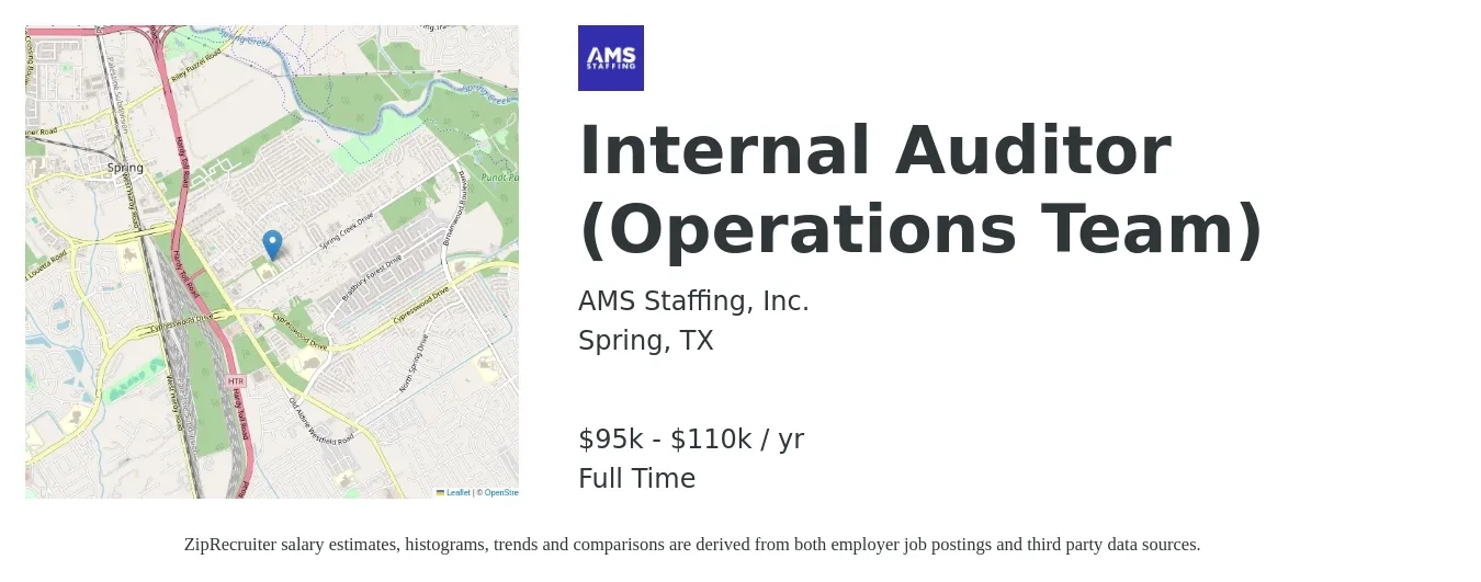 AMS Staffing, Inc. job posting for a Internal Auditor (Operations Team) in Spring, TX with a salary of $54,800 to $82,900 Yearly with a map of Spring location.