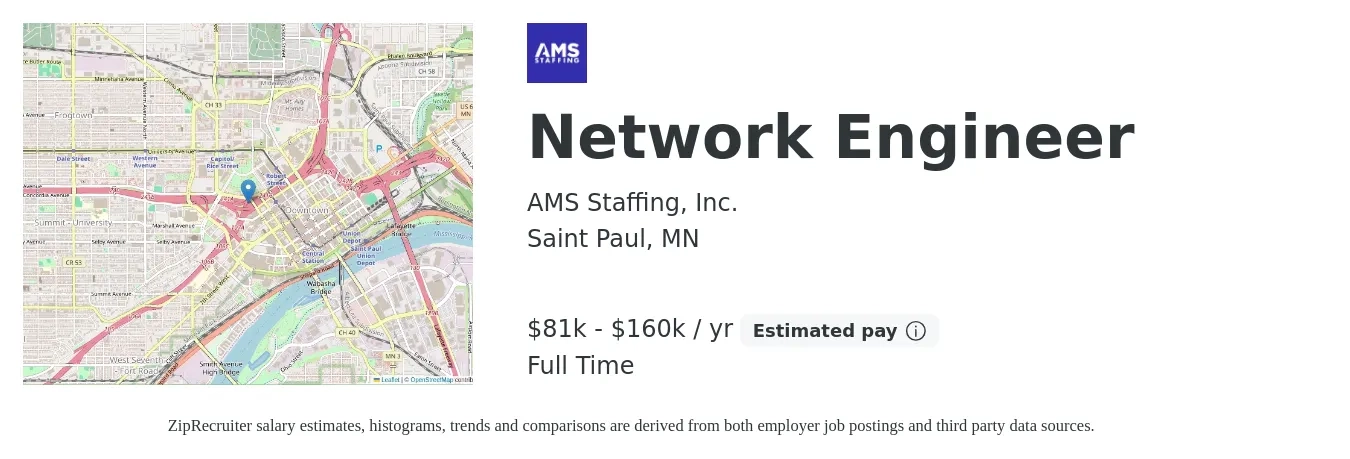 AMS Staffing, Inc. job posting for a Network Engineer in Saint Paul, MN with a salary of $81,000 to $160,000 Yearly with a map of Saint Paul location.
