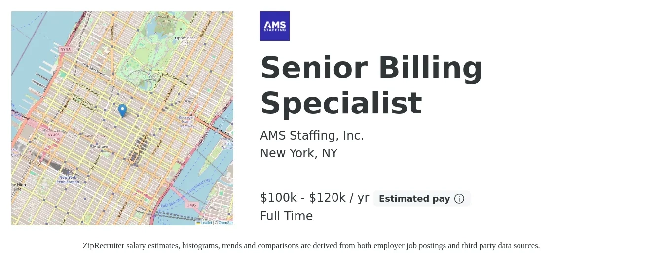 AMS Staffing, Inc. job posting for a Senior Billing Specialist in New York, NY with a salary of $100,000 to $120,000 Yearly with a map of New York location.