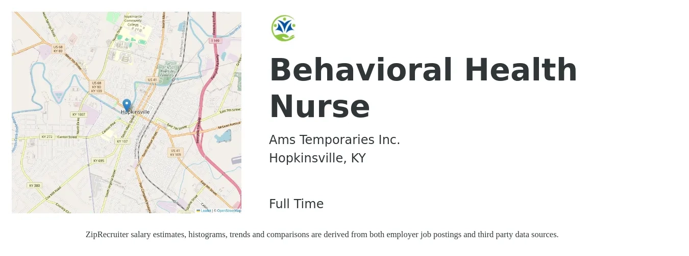 Ams Temporaries Inc. job posting for a Behavioral Health Nurse in Hopkinsville, KY with a salary of $29 to $50 Hourly with a map of Hopkinsville location.
