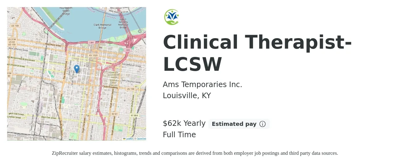 Ams Temporaries Inc. job posting for a Clinical Therapist-LCSW in Louisville, KY with a salary of $62,000 Yearly with a map of Louisville location.