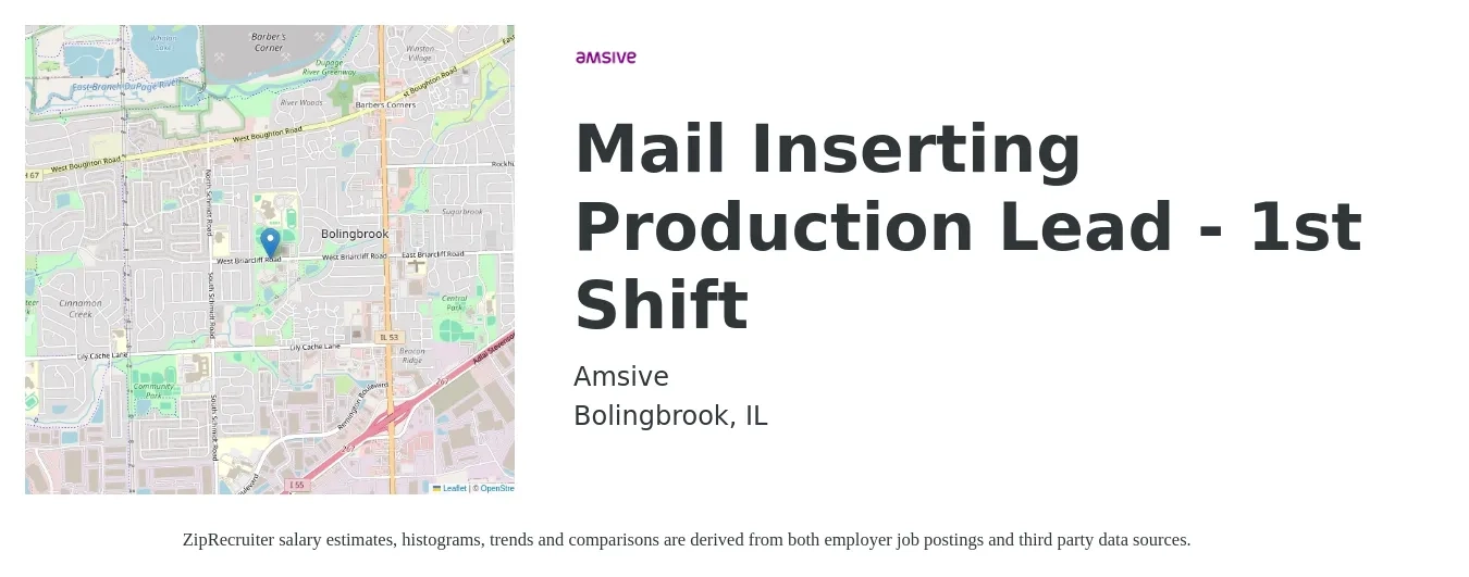 Amsive job posting for a Mail Inserting Production Lead - 1st Shift in Bolingbrook, IL with a salary of $21 to $36 Hourly with a map of Bolingbrook location.
