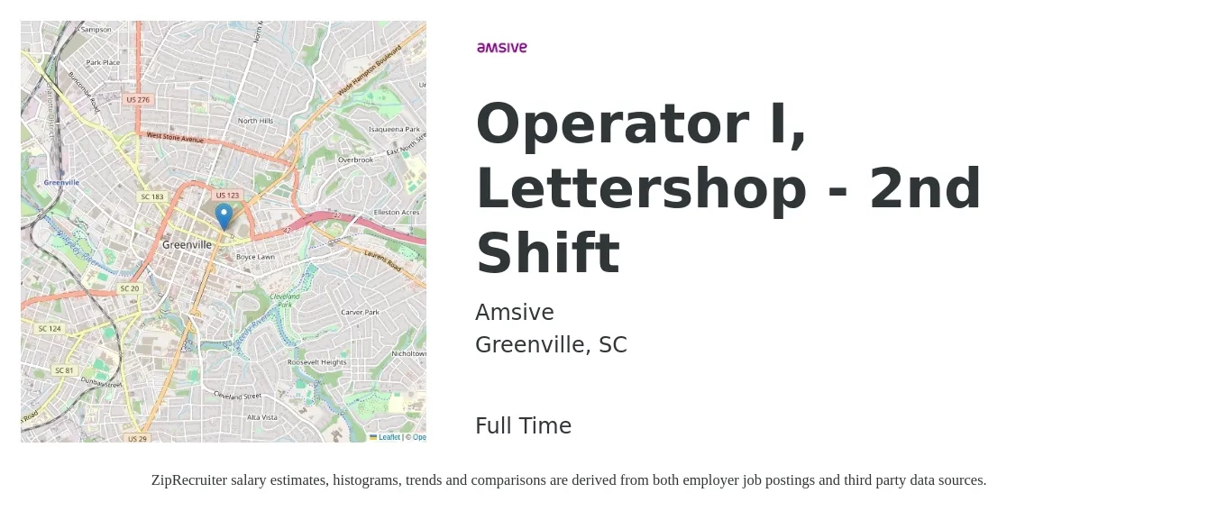 Amsive job posting for a Operator I, Lettershop - 2nd Shift in Greenville, SC with a salary of $15 to $20 Hourly with a map of Greenville location.
