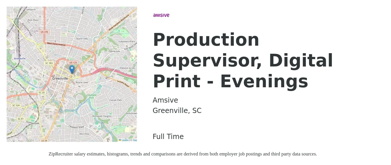 Amsive job posting for a Production Supervisor, Digital Print - Evenings in Greenville, SC with a salary of $19 to $33 Hourly with a map of Greenville location.