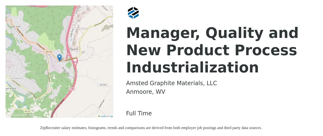 Amsted Graphite Materials, LLC job posting for a Manager, Quality and New Product Process Industrialization in Anmoore, WV with a salary of $76,300 to $100,700 Yearly with a map of Anmoore location.