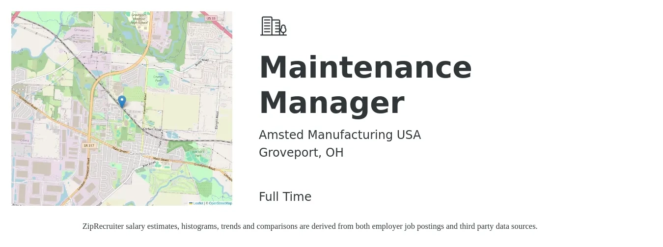 Amsted Manufacturing USA job posting for a Maintenance Manager in Groveport, OH with a salary of $24 to $39 Hourly with a map of Groveport location.