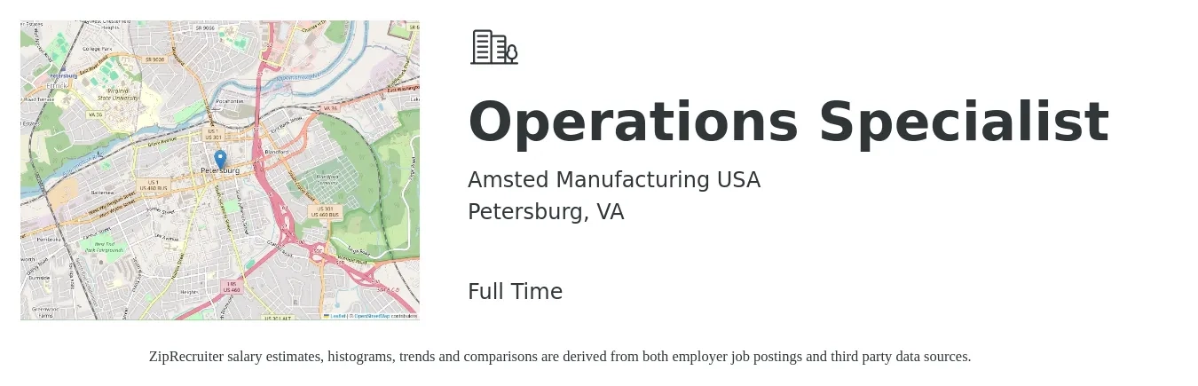 Amsted Manufacturing USA job posting for a Operations Specialist in Petersburg, VA with a salary of $47,100 to $80,000 Yearly with a map of Petersburg location.