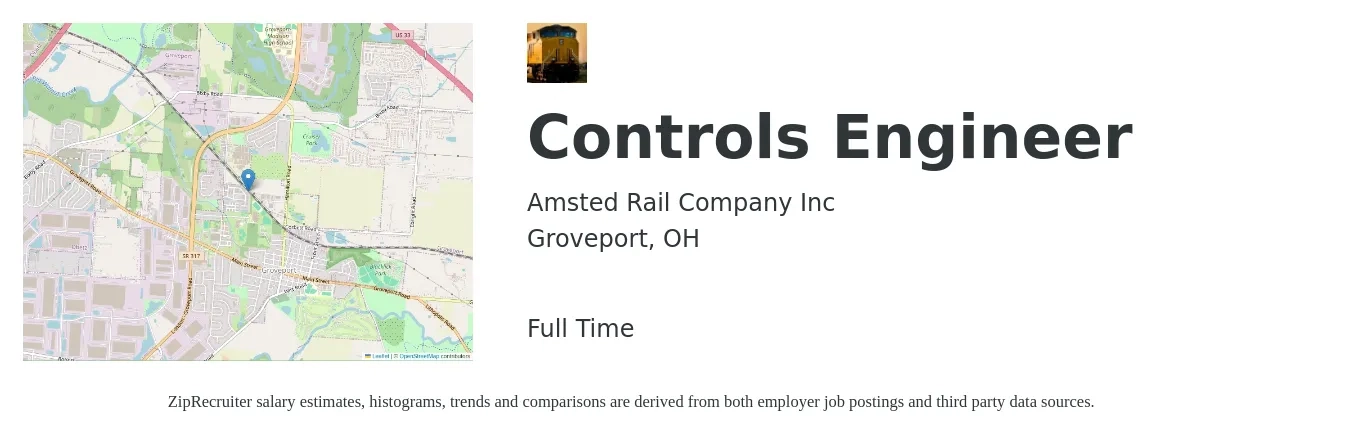 Amsted Rail Company Inc job posting for a Controls Engineer in Groveport, OH with a salary of $79,200 to $102,400 Yearly with a map of Groveport location.