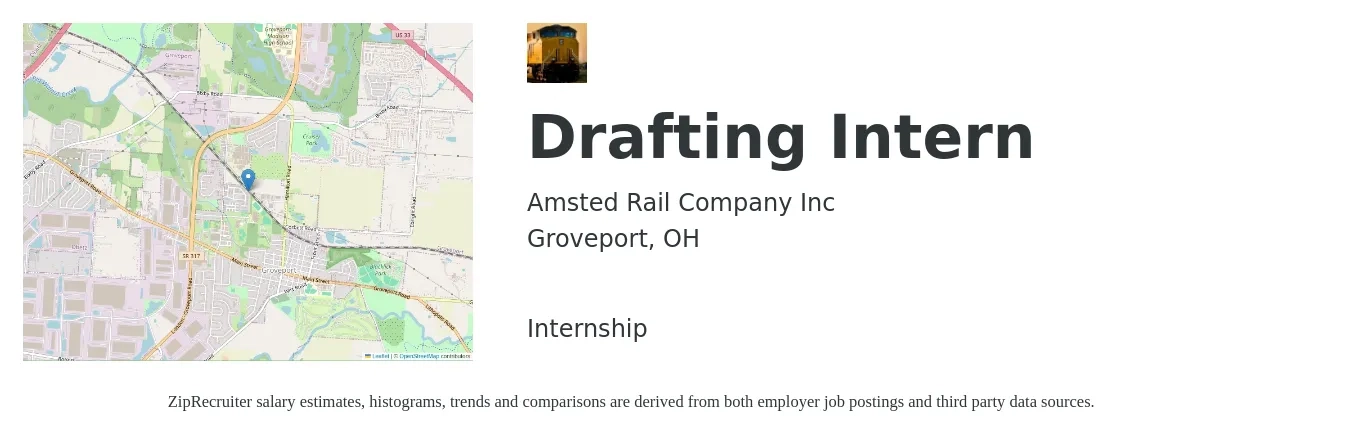 Amsted Rail Company Inc job posting for a Drafting Intern in Groveport, OH with a salary of $16 to $20 Hourly with a map of Groveport location.
