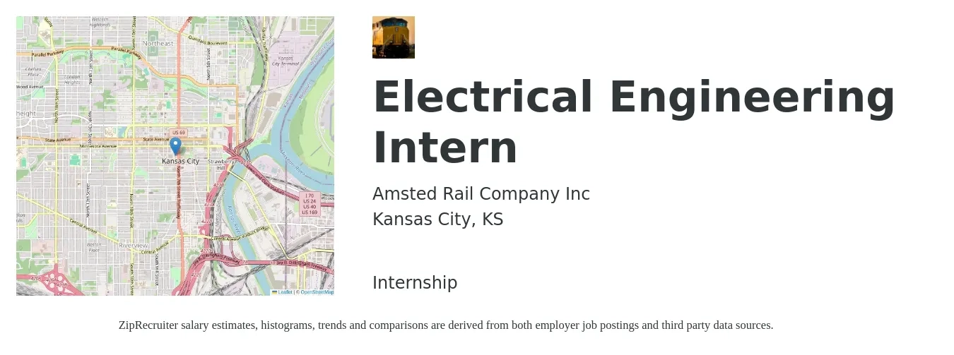 Amsted Rail Company Inc job posting for a Electrical Engineering Intern in Kansas City, KS with a salary of $18 to $24 Hourly with a map of Kansas City location.