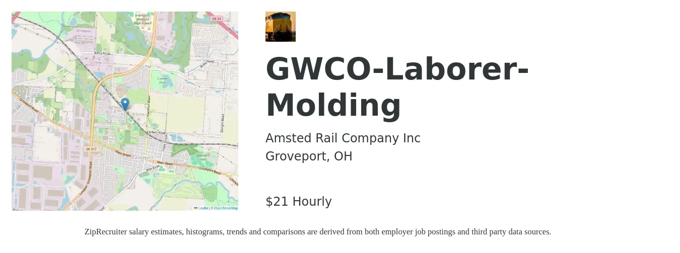Amsted Rail Company Inc job posting for a GWCO-Laborer-Molding in Groveport, OH with a salary of $23 Hourly with a map of Groveport location.