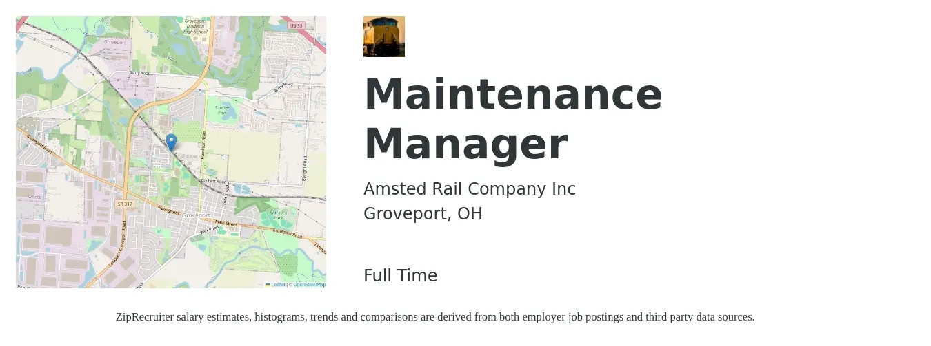 Amsted Rail Company Inc job posting for a Maintenance Manager in Groveport, OH with a salary of $23 to $38 Hourly with a map of Groveport location.