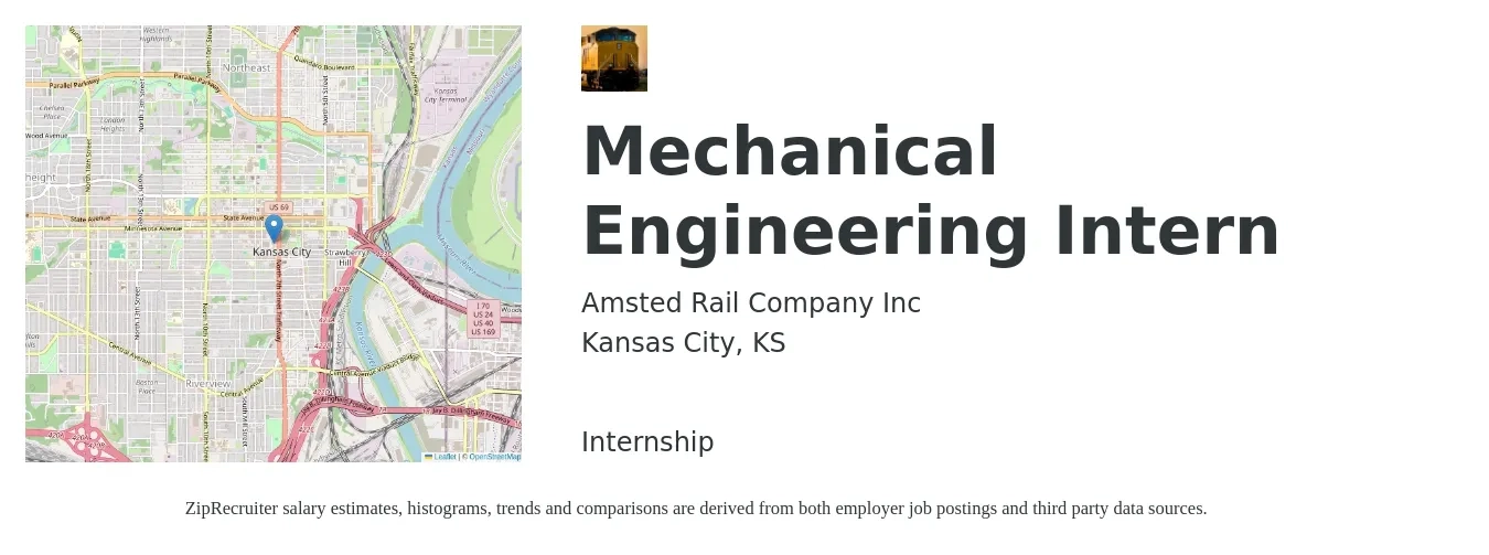 Amsted Rail Company Inc job posting for a Mechanical Engineering Intern in Kansas City, KS with a salary of $18 to $25 Hourly with a map of Kansas City location.