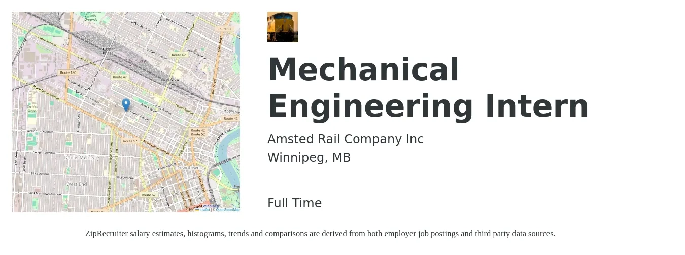 Amsted Rail﻿ job posting for a Mechanical Engineering Intern in Winnipeg, MB with a map of Winnipeg location.