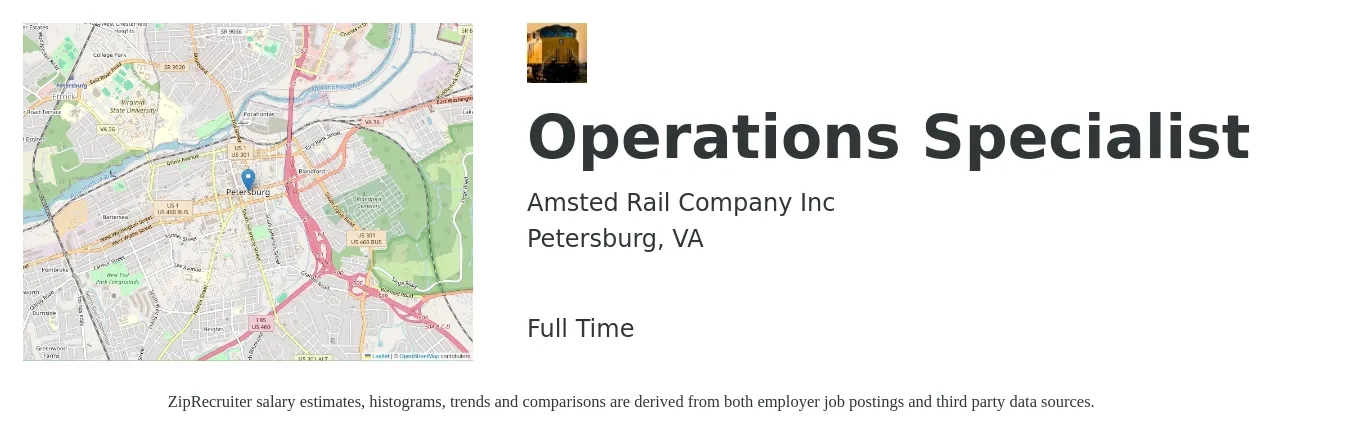 Amsted Rail Company Inc job posting for a Operations Specialist in Petersburg, VA with a salary of $47,100 to $80,000 Yearly with a map of Petersburg location.