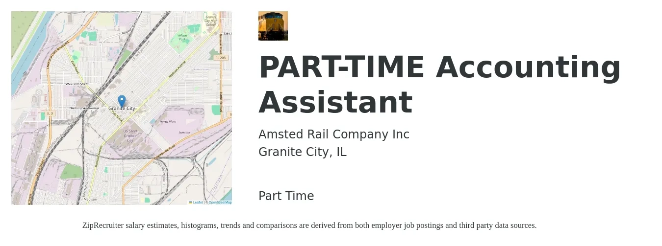 Amsted Rail Company Inc job posting for a PART-TIME Accounting Assistant in Granite City, IL with a salary of $18 to $24 Hourly with a map of Granite City location.