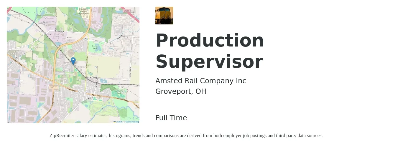 Amsted Rail Company Inc job posting for a Production Supervisor in Groveport, OH with a salary of $53,100 to $76,300 Yearly with a map of Groveport location.
