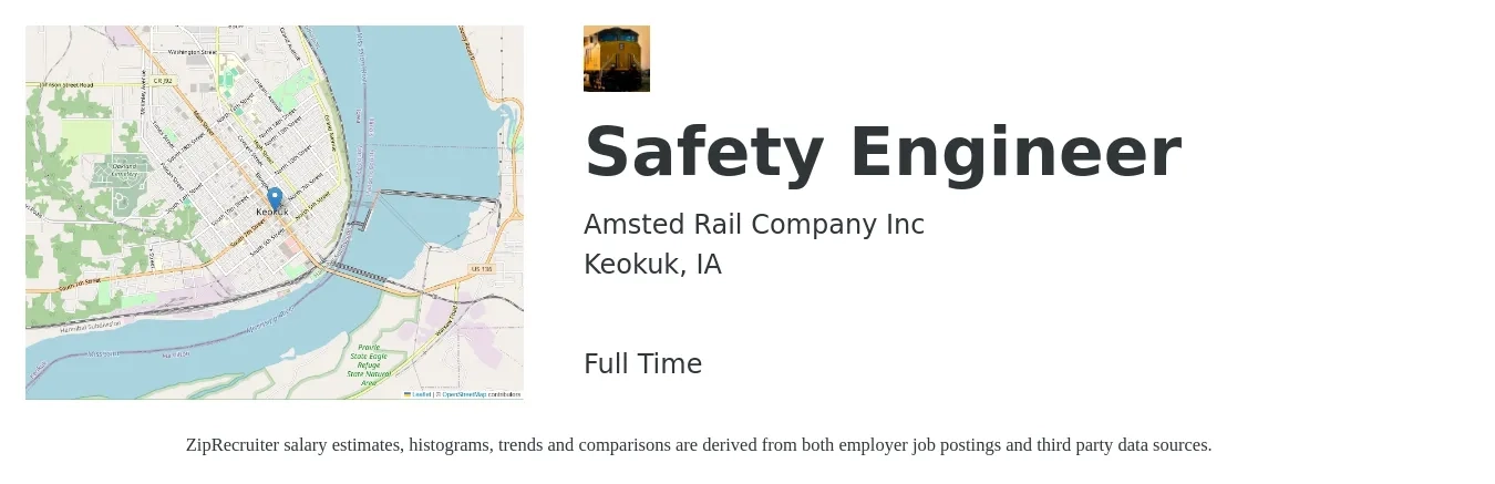 Amsted Rail job posting for a Safety Engineer in Keokuk, IA with a salary of $40,500 to $77,900 Yearly with a map of Keokuk location.