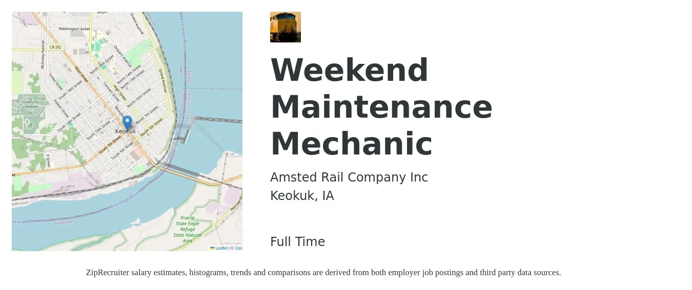 Amsted Rail Company Inc job posting for a Weekend Maintenance Mechanic in Keokuk, IA with a salary of $22 to $28 Hourly with a map of Keokuk location.