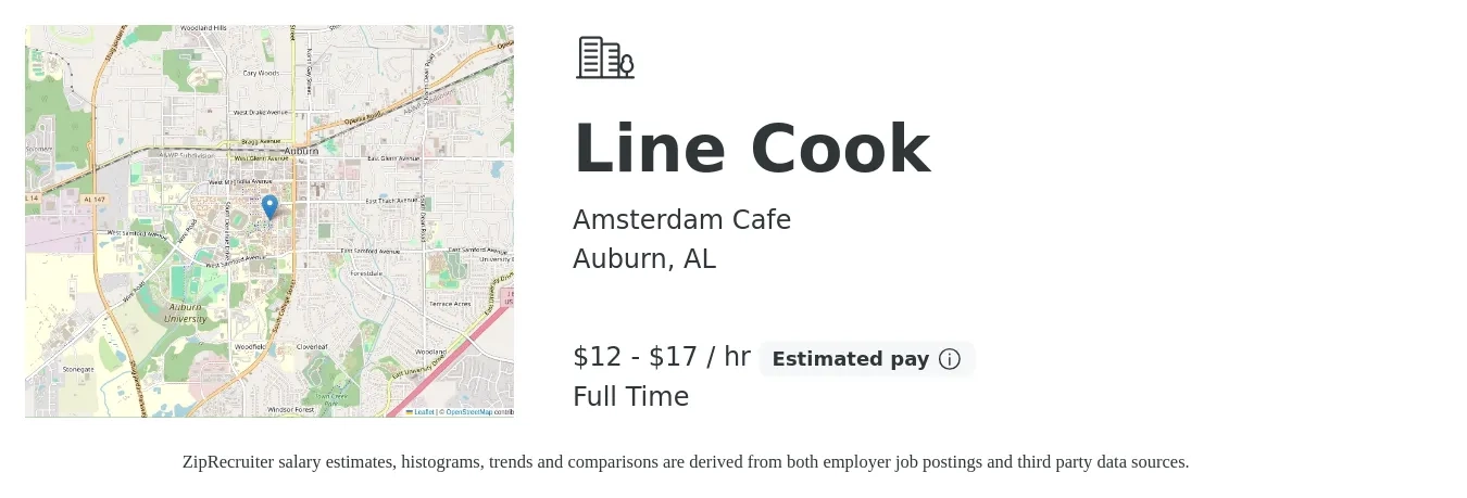 Amsterdam Cafe job posting for a Line Cook in Auburn, AL with a salary of $14 to $18 Hourly with a map of Auburn location.